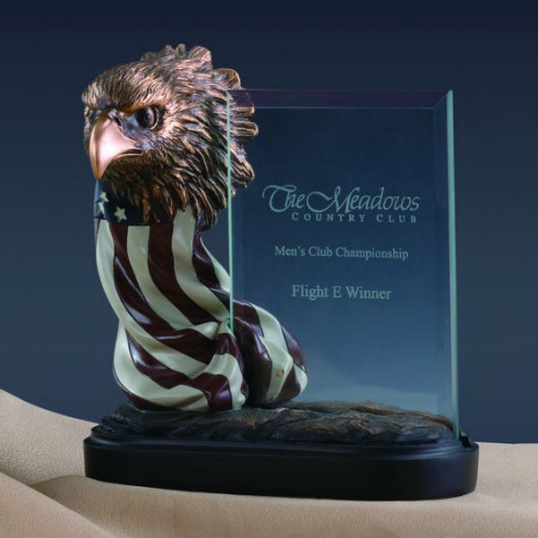 Glass Imprint Eagle with Flag Statue Award Military Trophies Artwork